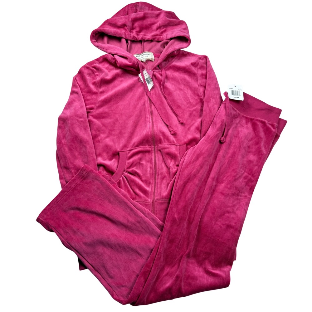 Poof Excellence Pink Velour Tracksuit Set Y2K Hoodie Pants Big Pink L M NEW